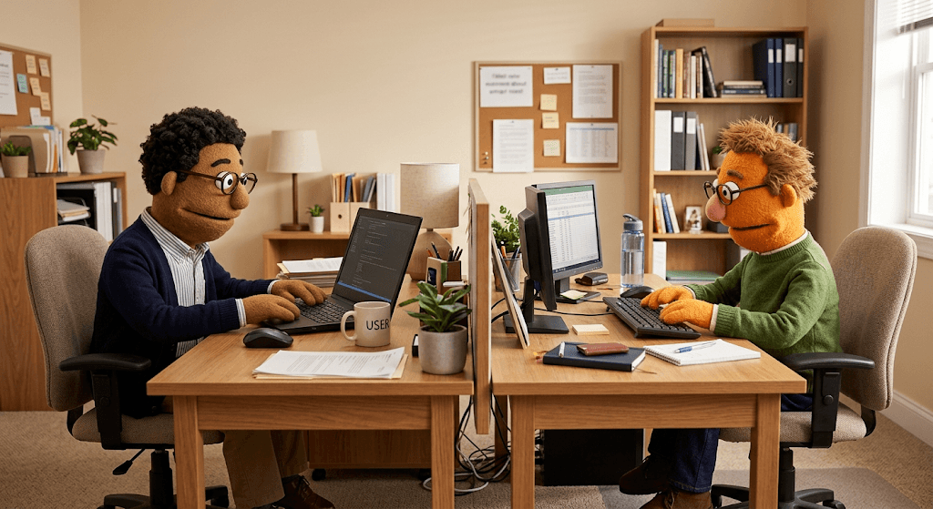 Two felt puppets at adjacent desks in a warm office, each working at their own screen.