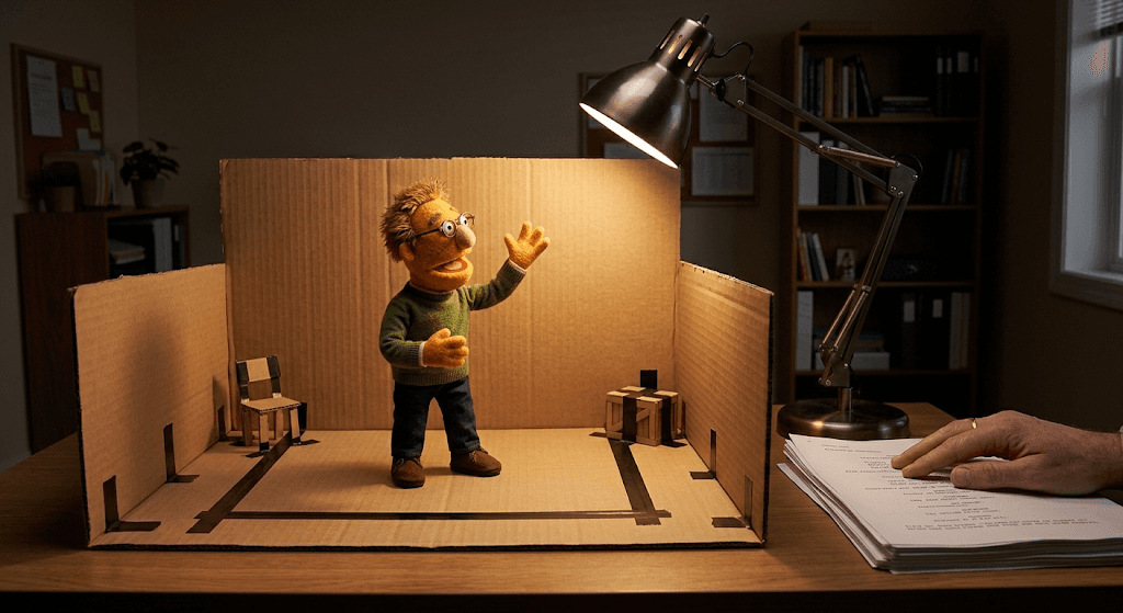 A puppet performing inside a small cardboard stage set on a desk, the floor marked with tape, a human hand resting on a script beside it.